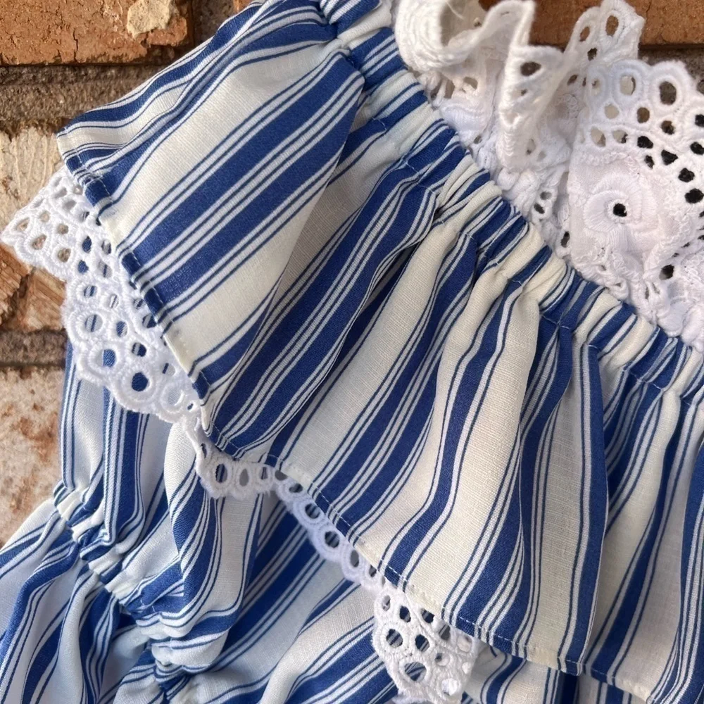 MISA Los Angeles linen off the shoulder Stripe Agot Top in Blue